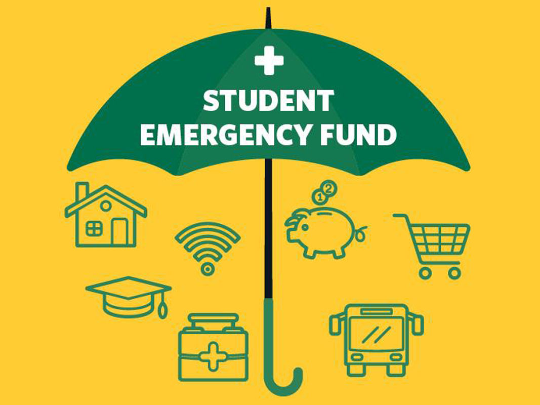 Student Emergency Fund in white letters on green umbrella background.