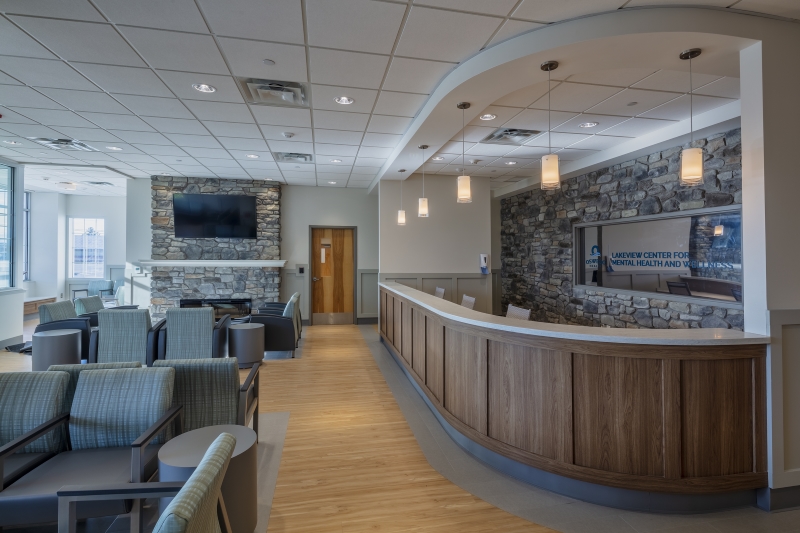 Photo of the reception desk and seating area at Lakeview Center.